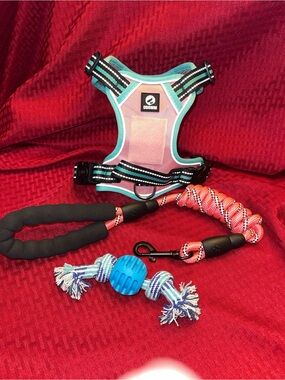 Pink & Teal Reflective Dog Harness with Matching Pink Rope Leash and Toy